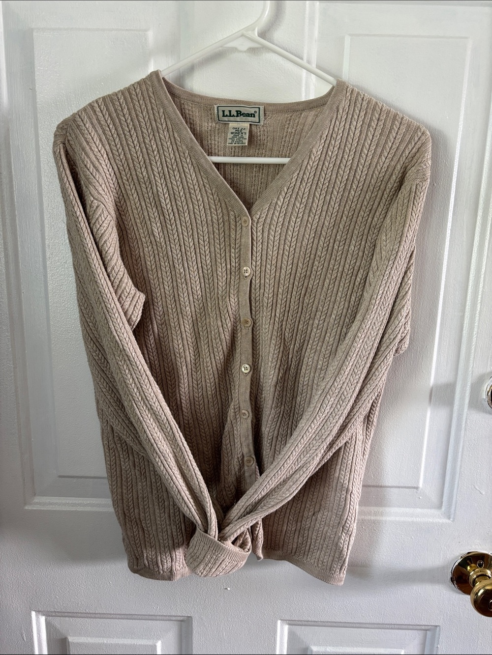 L.L. Bean Women's Light Taupe Cable-Knit Button Cardigan